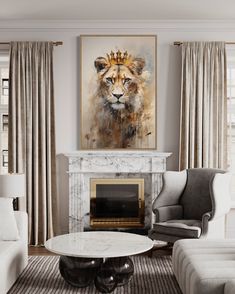 a living room filled with furniture and a fire place in front of a painting on the wall