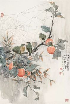 two birds sitting on top of a branch with leaves and fruit in front of it