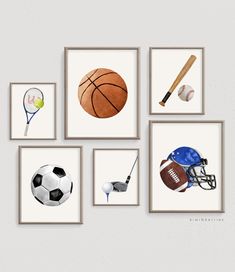 four framed pictures with sports items on them