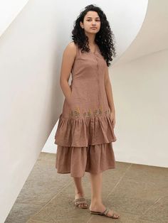 Buy Brown Hand Embroidered Handloom Cotton Linen Dress | SBAR010/SBUS1 Handloom Frocks For Women, Latest Model Dresses For Women, Frock Fashion Dresses, Linen Frocks For Women, Western Frocks For Women, Frock Dress For Women, Latest Frock Designs For Women, Latest Frock Designs, Kurthi Models Latest