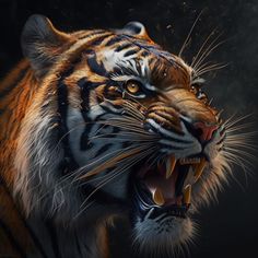 Photorealistic image of a tiger head in profile, with its mouth open in a fierce roar. The tiger's fur is rendered in intricate detail, with shades of orange, black, and white creating a striking contrast. The background is dark, adding to the intensity of the image. Tiger Reference, Tiger Profile, Teeth Drawing, Lois Griffin