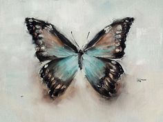 a painting of a blue butterfly on a white background