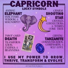 a poster with the words capricorn, lucky symbols and other things in it