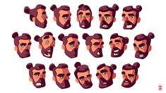 a set of various facial expressions for men with beards and different hairstyles