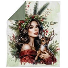 a woman holding a deer in her arms with holly wreaths on it's head