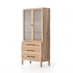 a wooden cabinet with glass doors on the front and drawers in the back, against a white background