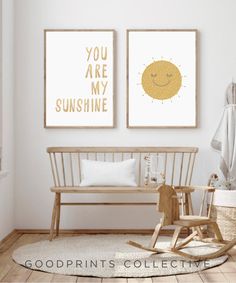 two prints with the words you are my sunshine on them, and a rocking chair