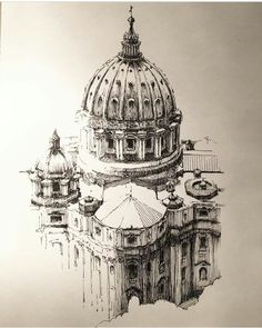 an ink drawing of a dome on top of a building