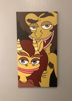 a painting on the wall of a bathroom with two monkeys and one monkey looking at something