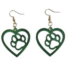 pair of green heart shaped earrings with dog paw prints on the front and back of them