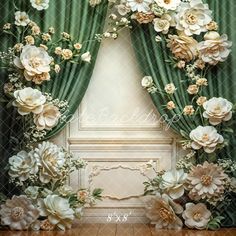 an image of flowers on the wall in front of a window with green drapes