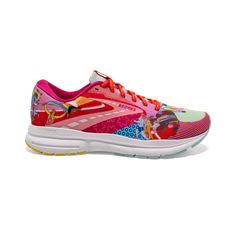 a woman's running shoe with colorful patterns