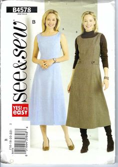 two women standing next to each other in front of an advertisement for the sewing pattern