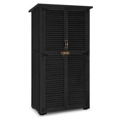 a black cabinet with shutters on the front and bottom doors, one door open