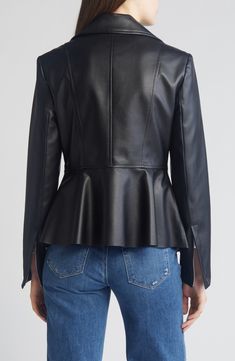 This sleek faux-leather jacket is designed is a tailored zip-front silhouette with a flouncy peplum. 24 1/2" length Front zip closure Notched lapels Side zip closure Partially lined 100% polyurethane Spot clean Imported Peplum Leather Jacket, Black Faux Leather Jacket, Leather Jacket Outfits, Faux Leather Moto Jacket, Faux Leather Jacket, Leather Moto, Leather Moto Jacket, Notched Collar, Everyday Wardrobe