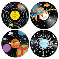 four black and white plates with different designs on them, one has an image of the solar system