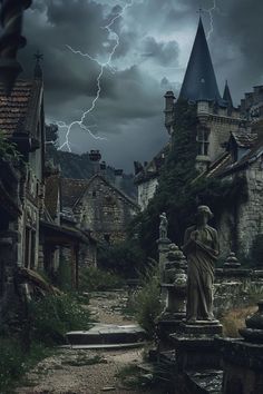 a statue is in the middle of an alley way with lightning coming through the sky