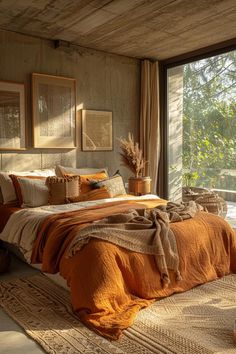 a bed with orange sheets and pillows in a bedroom next to a large glass window