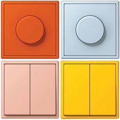 four different colored switches and knobs in the same color scheme, each with an orange button