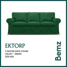 a green couch with the text extrop 3 seater sofa cover velvet - green $ 599 00