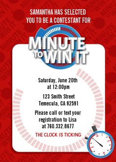 a red and white flyer for an event with a clock on the front, and words that say'minute to win it '