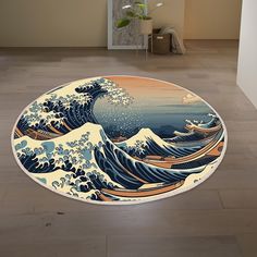 a round rug with an image of the great wave on it