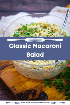 classic macaroni salad in a glass bowl with a fork and parsley on the side