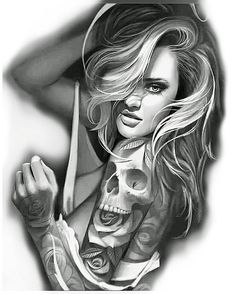 a black and white drawing of a woman with tattoos on her arm holding a knife