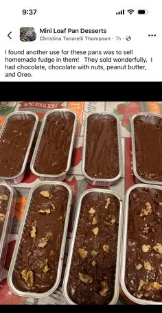 several trays of brownies with chocolate frosting and nuts in them on a table