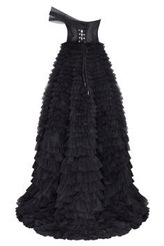 Spectacular frill-layered ball gown in black that will become a timeless wardrobe item. Featuring a one-shoulder heart-shaped neckline, a semi-transparent corset with lace-up closure on the back, and a stunning frill-layered volumetric maxi tulle skirt with a long train. Details: Material: Tulle Fabric Composition: 100% polyester Sleeves style: Sleeveless one-shoulder Silhouette: Princess dress Skirt length from waist: 115 cm Neckline: Heart-shaped neckline Back: Lace-up corset Built-in cups Lin Strapless Party Ball Gown With Ruffles, Black Fitted Ball Gown With Ruffles, Black Fitted Ruffle Ball Gown, Fitted Black Ball Gown With Ruffles, Strapless Evening Gown With Ruffles, Strapless Ruffled Evening Gown, Black Ruffled Party Gown, Black Ruffled Ball Gown For Party, Black Ruffled Gown For Party