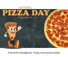 an advertisement for national pizza day featuring a cartoon character and a large pepperoni pizza