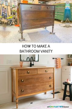 an old dresser has been turned into a bathroom vanity with the words turning a dresser into a bathroom vanity