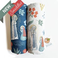 two towels with the image of mary and jesus on them are next to each other