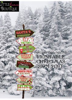 a sign post with many different signs on it in front of some snow covered trees