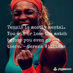 a tennis player holding her racket up to the camera with a quote on it