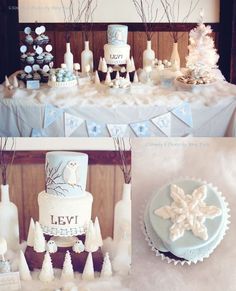 there are many cakes on the table and one cake is decorated with snowflakes