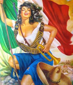 a painting of a woman holding a flag