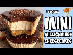 chocolate and peanut butter cupcakes are stacked on top of each other with the words mini