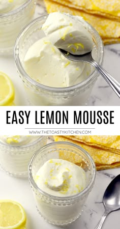 lemon mousse in small glass bowls with spoons next to it and the text overlay says easy lemon mousse