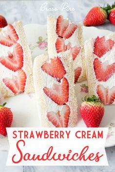 strawberry cream sandwiches on a plate with strawberries in the background and text overlay that reads, strawberry cream sandwiches