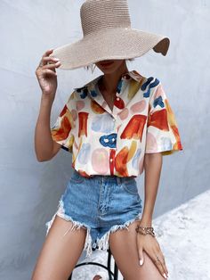 Multicolor Bohemio Collar manga corta Tela todo estampado Camisa Embellished No-Elástico Verano Tops & Blusas & Camisetas de Mujer Outfit Primavera, All Over Print Shirt, Women Blouses, Blouse Online, Beach Shirts, Women Tops, Print Shirt, Street Style Women, Collar Shirts