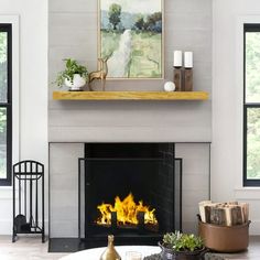 a living room filled with furniture and a fire place in front of a painting on the wall