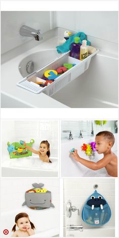 several photos of children playing in the bathtub and sink with toys on it, including toothbrushes