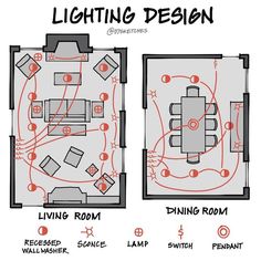 the lighting design for a living room and dining room