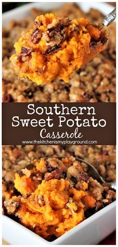 sweet potato casserole in a white dish with a spoon