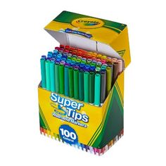 a box of crayons sitting in front of a white background with the words super tips written on it