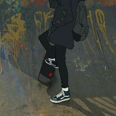 a person with a skateboard standing in front of a wall covered in grafitti