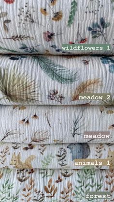 three sheets with different designs on them and the words wildflowers 1 meadow 2 meadow 3 animals 1 forest