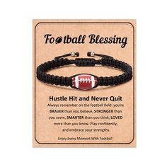 a black bracelet with a football on it that says,'football blessing hustle hit and never quit