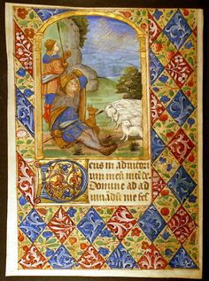 an illuminated manuscript with a painting of a man kneeling down next to a sheep and tree